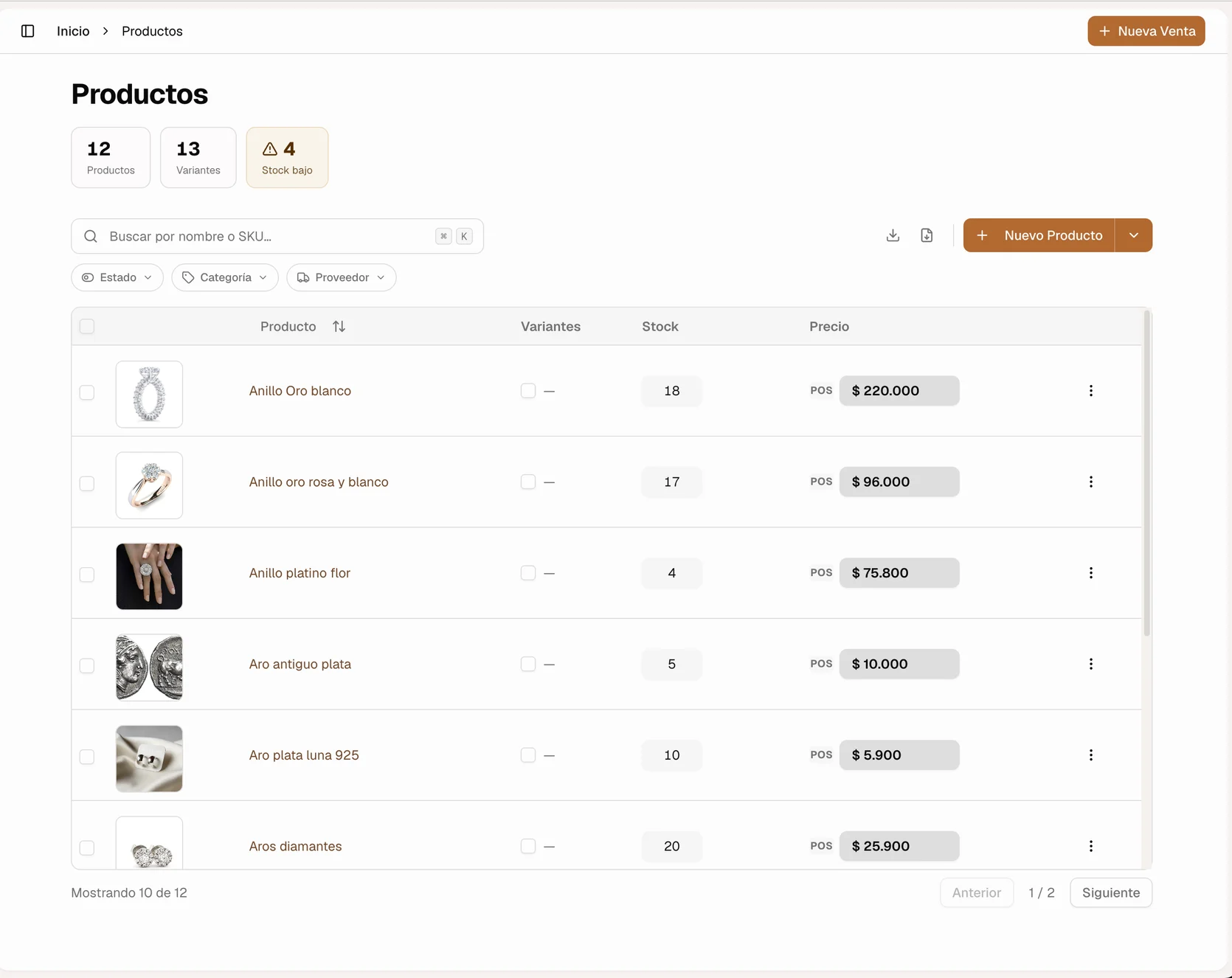 Pantalla de productos de MYLOS
